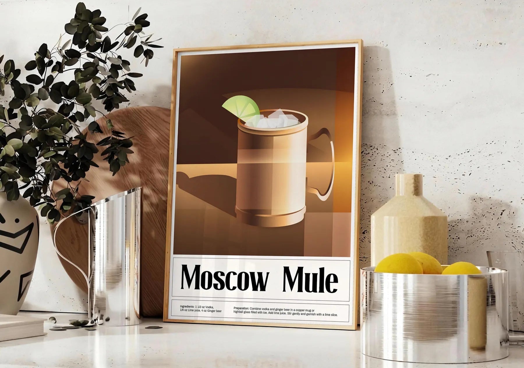 space stylish Moscow Mule cocktail poster vibrant greens sleek black backdrop kitchen wall art unique gift lovers framed frameless options home bar dining area