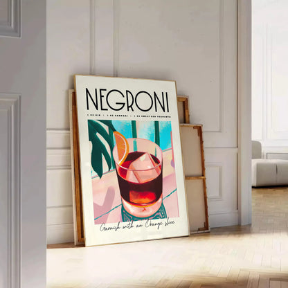 space vibrant negroni cocktail art poster blue orange hues stylish wall piece unique gift idea home bar kitchen artwork essence mixology standalone print